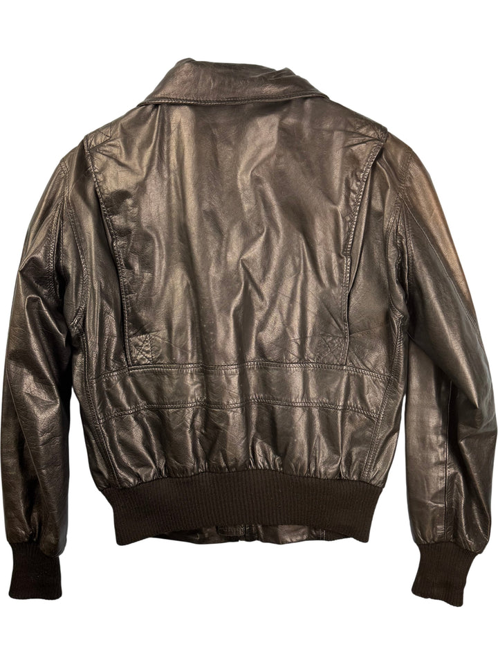 1970s Black Leather Bomber Jacket - S - Think Vintage