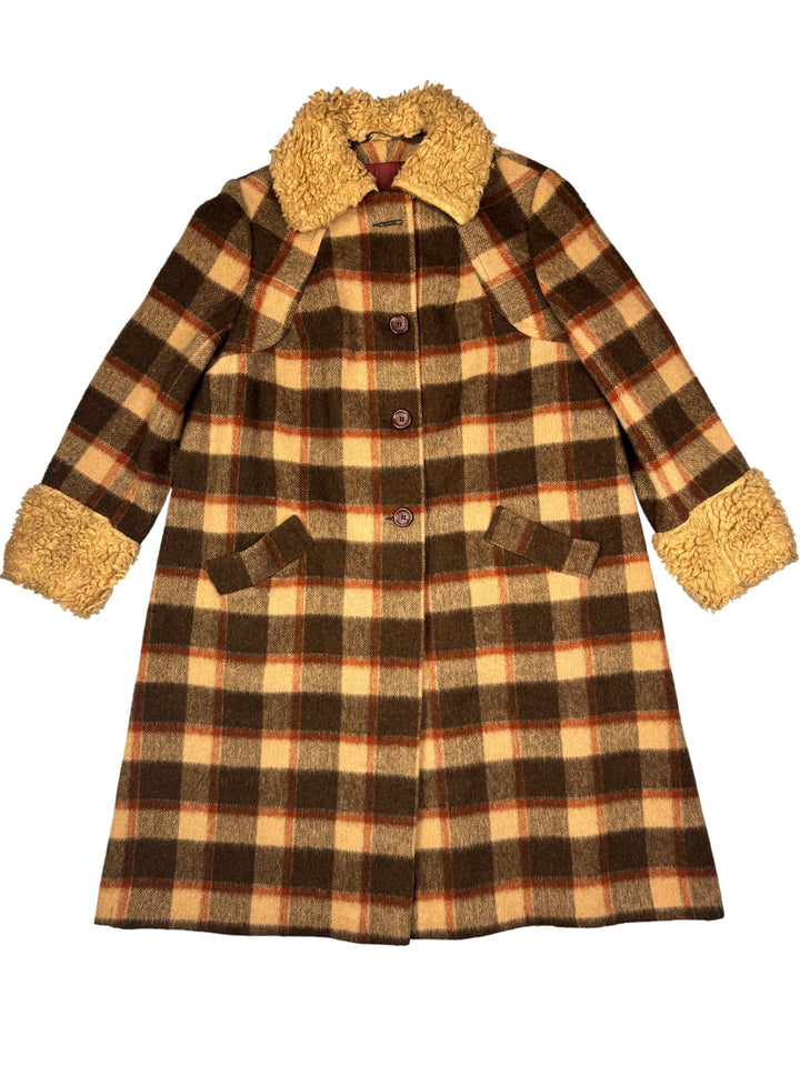 C&A Wool Blend Checkered Overcoat with Faux Fur Collar - M