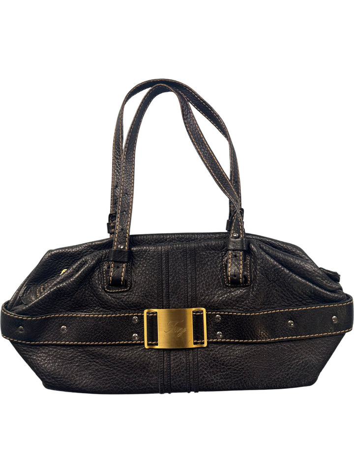 Fay Black Leather Tote Bag with Gold Buckle