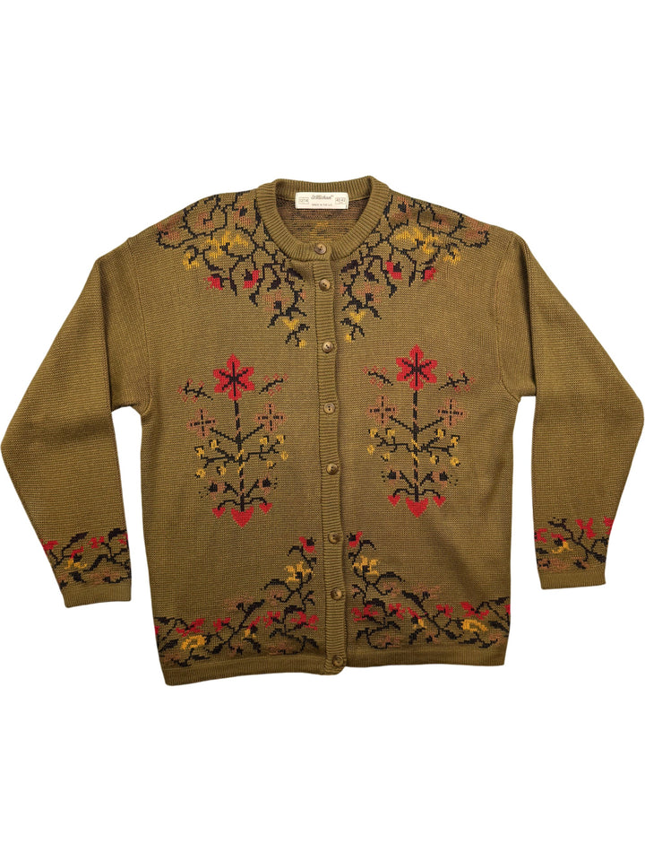 70s St Michael Olive Floral Knit Cardigan - M