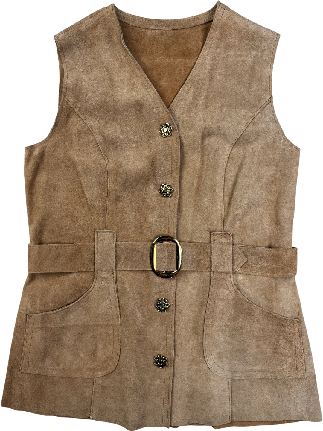 1960s Suede Belted Waistcoat with Flower Buttons - S - Think Vintage