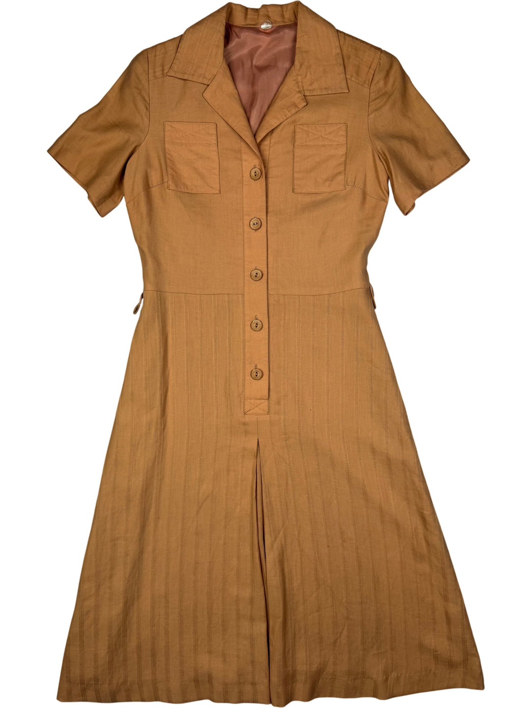 1970s Camel Button Front A-Line Dress - S - Think Vintage