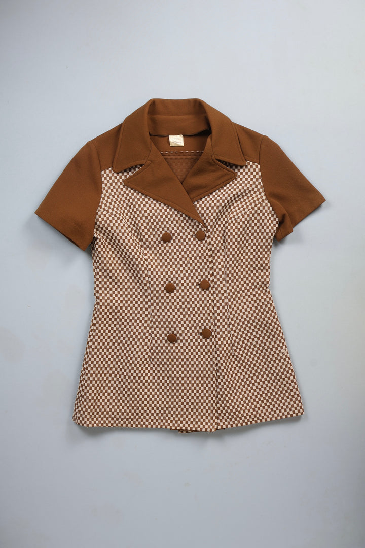 1960s Spinney Chequered Double Button Short-Sleeved Blouse