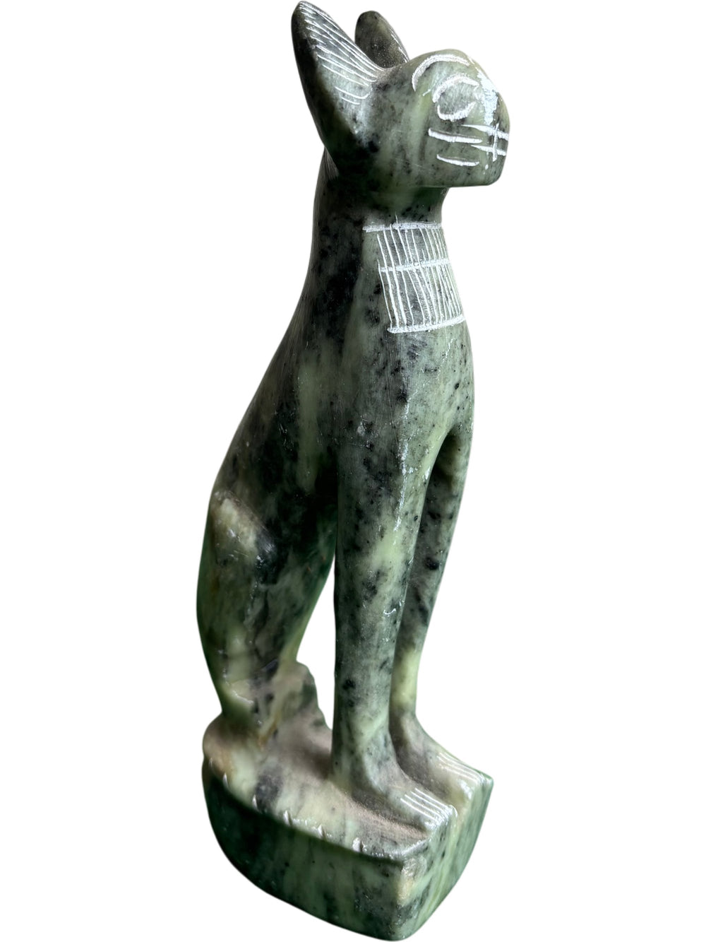 Inuit Cat Figurine Stone Carved Ornament Collectable Green Marble Effect - Think Vintage
