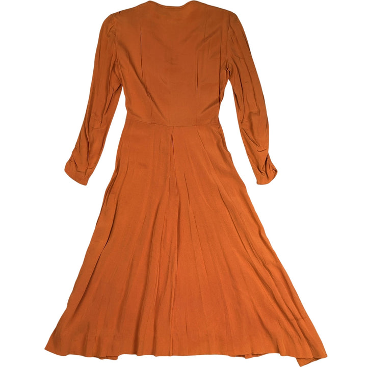 Mary Agnes 1930s Rust Pleated Long Sleeve Dress - S - Think Vintage