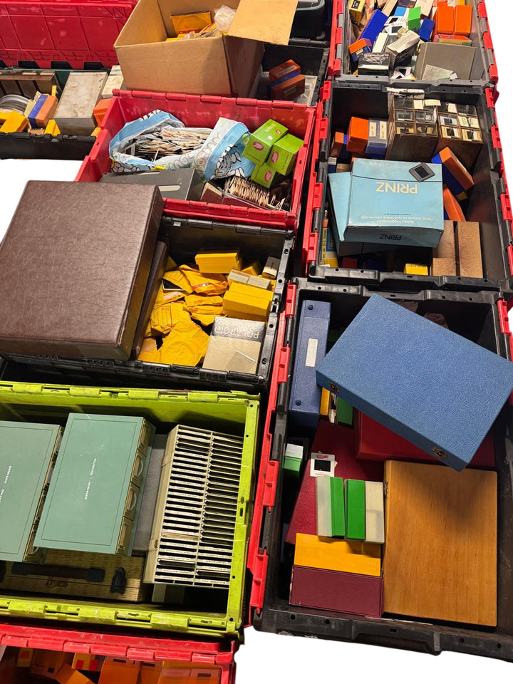 30+ Packing boxes of an unchecked collection of Photographic Slides & Cine Films - Think Vintage