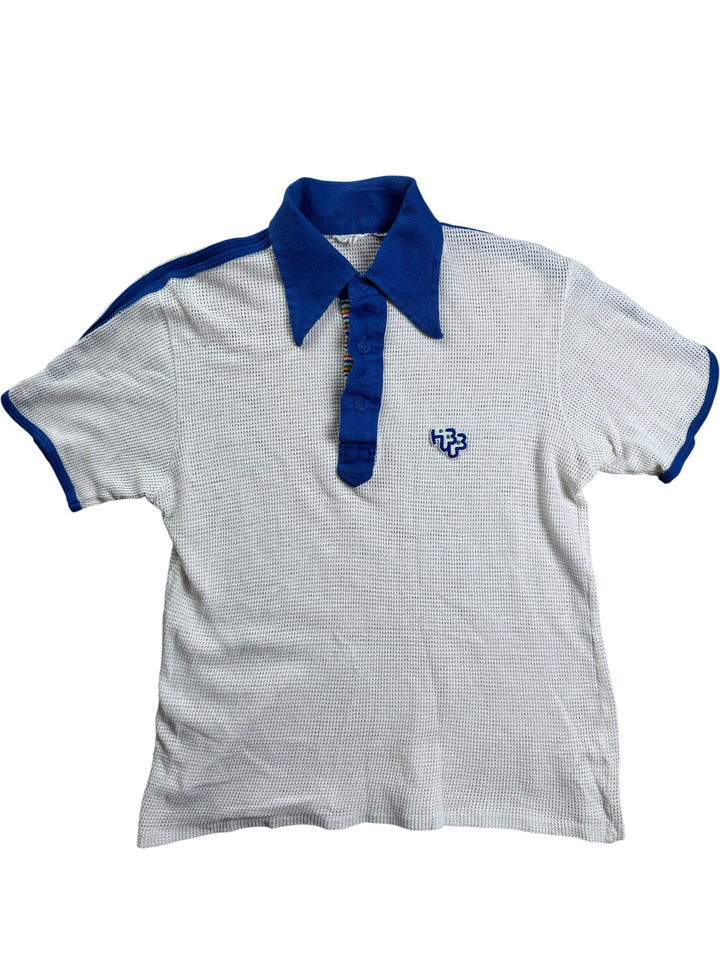 Vintage White Mesh Polo With Blue Collar - S