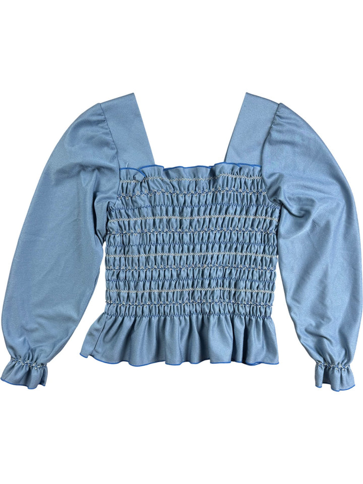 Blue Smocked Long Sleeve Blouse - XS