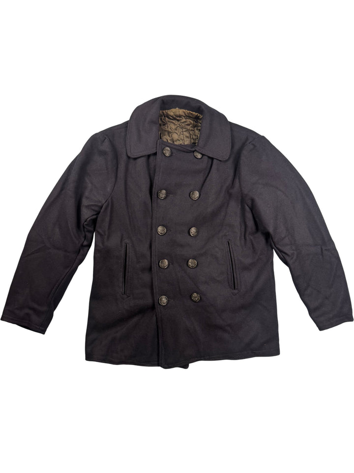 Classic Double-Breasted Black Pea Coat with Crest Buttons - L