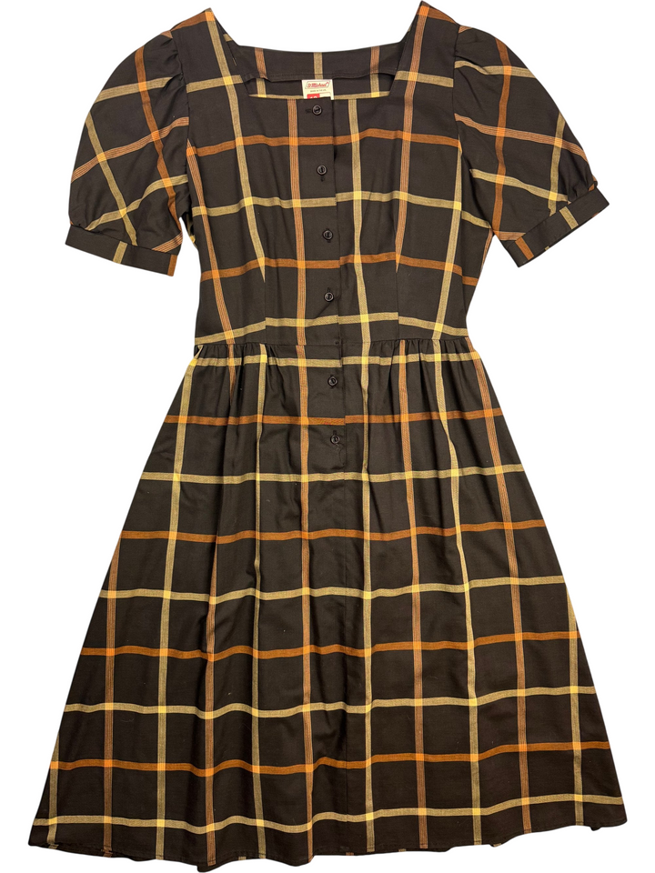 1980s Brown Checkered Short Sleeve Dress - M - Think Vintage