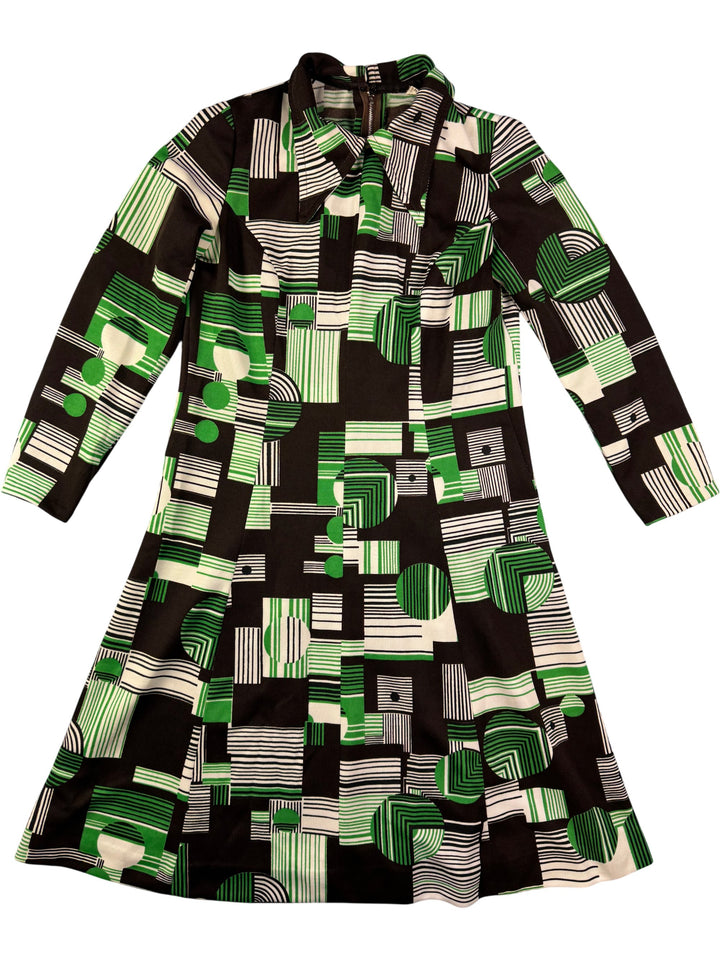 1970s Geometric Patterned Long Sleeve Dress - L