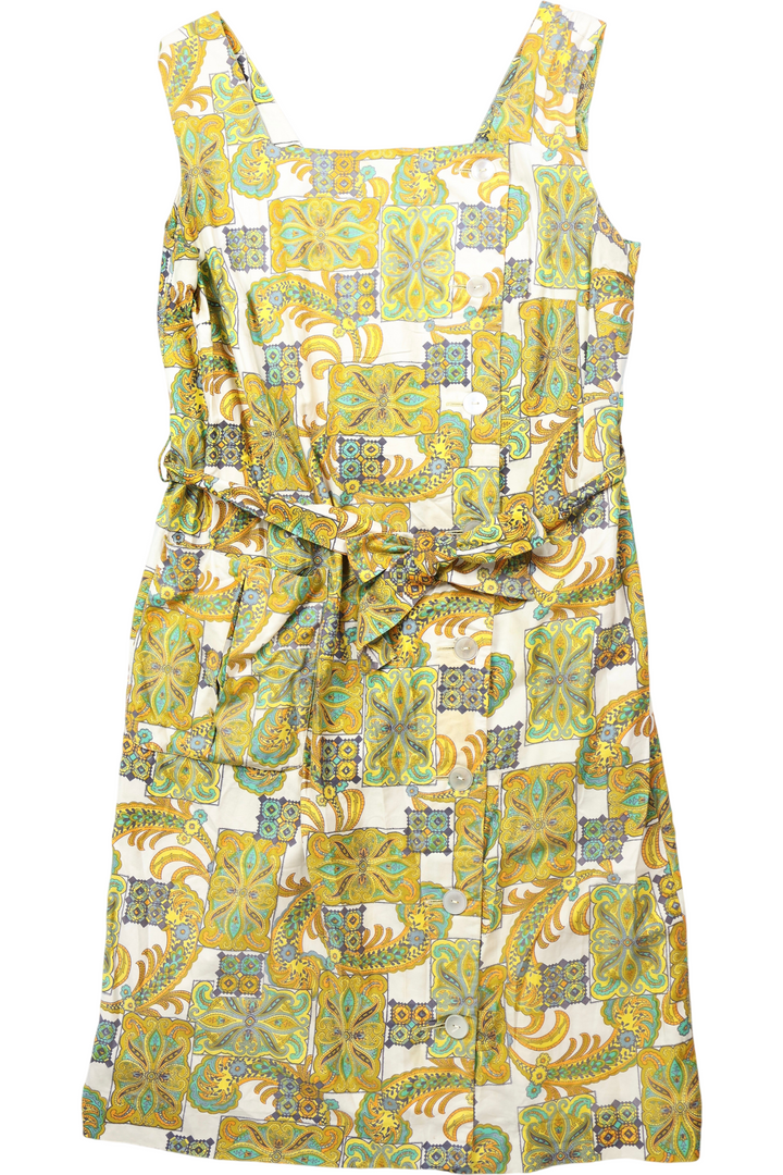 1970s Sleeveless Multicolor Patterned Dress - L - Think Vintage