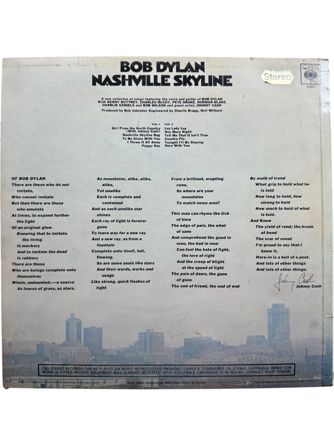 Bob Dylan Nashville Skyline Vinyl Album - Good+
