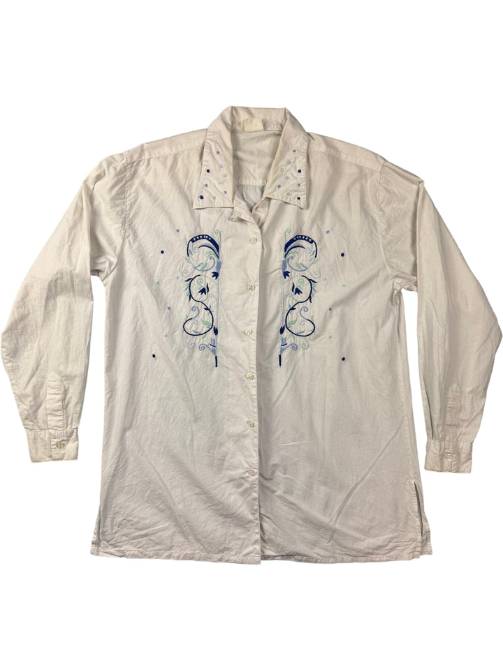 Embroidered White Long Sleeved Shirt - Think Vintage
