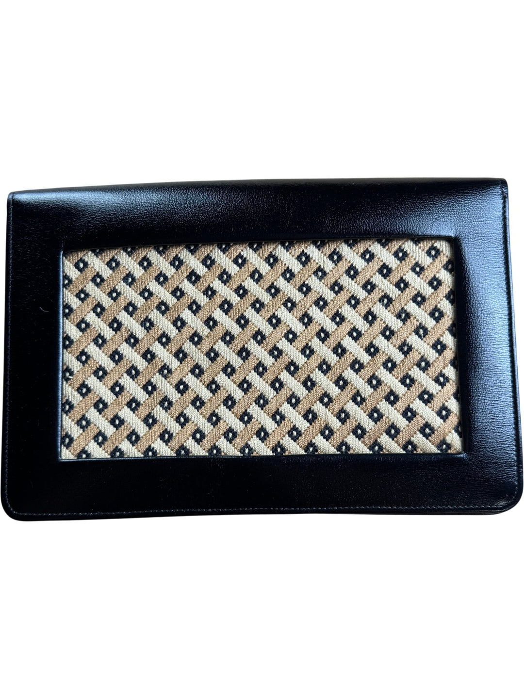 Black Leather Clutch Bag with Woven Design