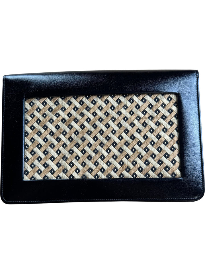 Black Leather Clutch Bag with Woven Design