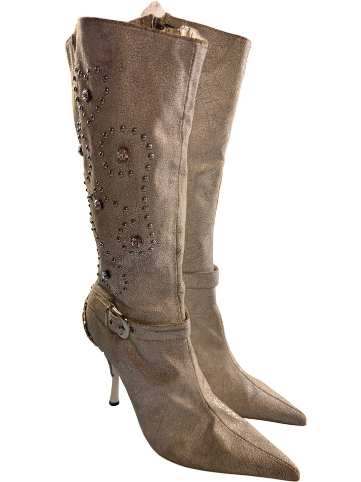 Embellished Knee-High Heeled Boots - SIZE 4