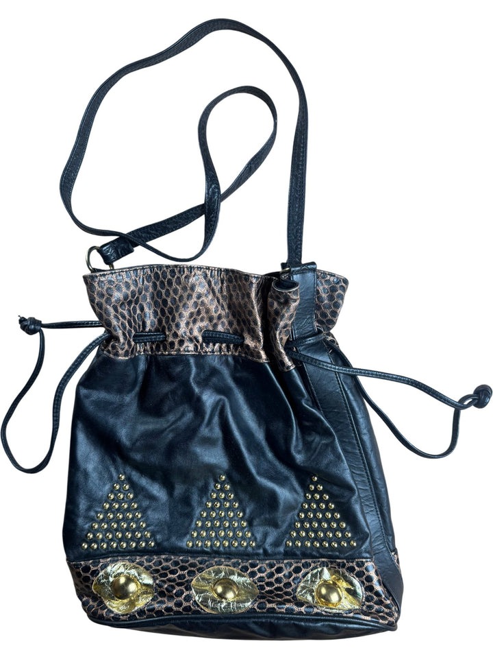 Studded Black Leather Bucket Bag
