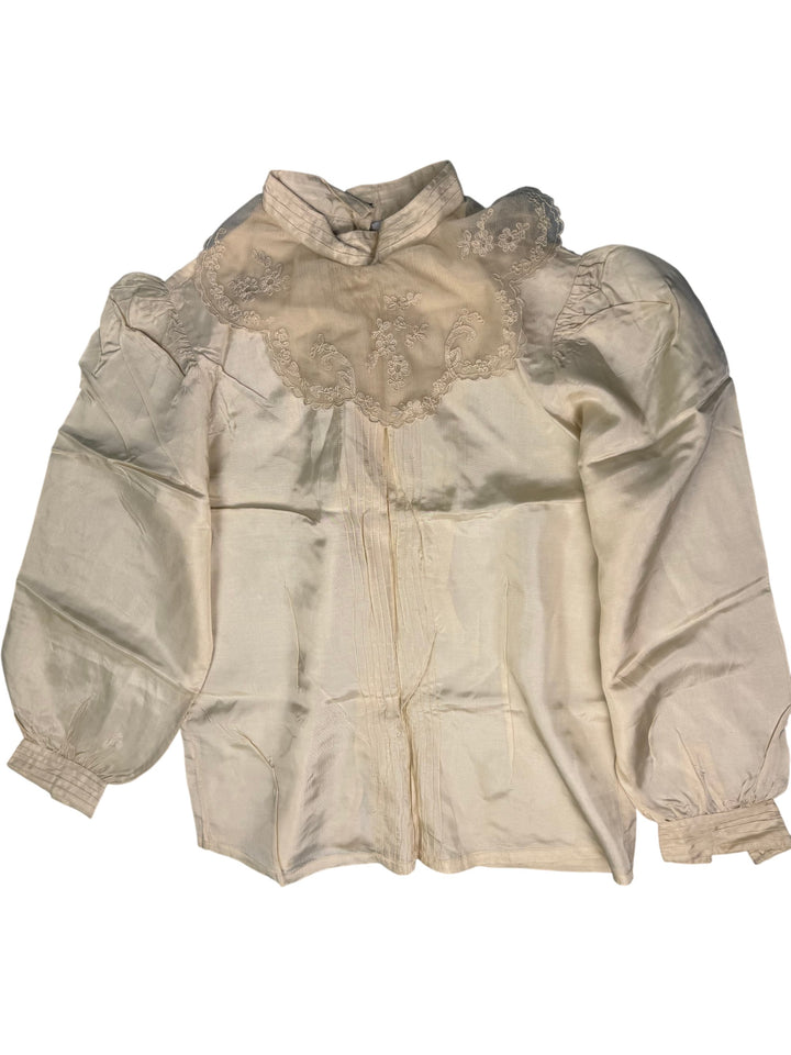 1970s Cream Button-Up Blouse with Embroidered Lace