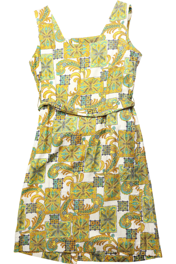1970s Sleeveless Multicolor Patterned Dress - L - Think Vintage
