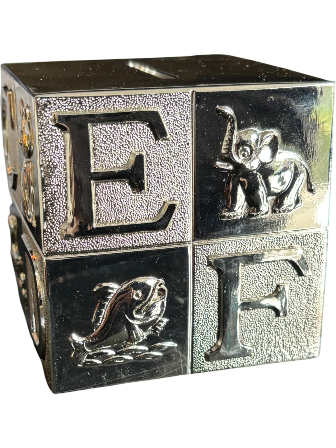 Silver Alphabet Block Moneybox Piggy Bank with Gift Box Baby Shower - Think Vintage