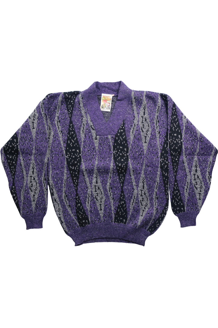80's Rich Boy Patterned V-Neck Jumper -L - Think Vintage