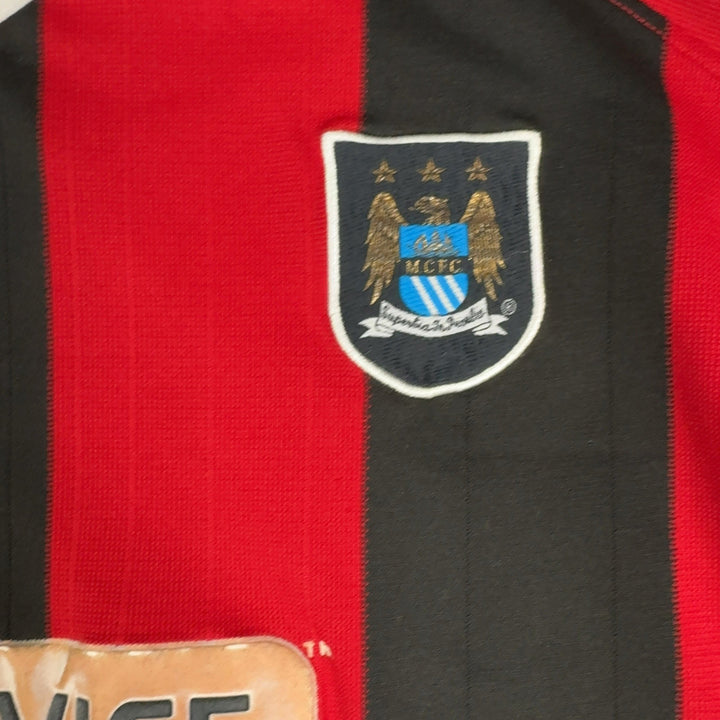 Vintage Manchester City Red Black Striped Football Shirt - Think Vintage