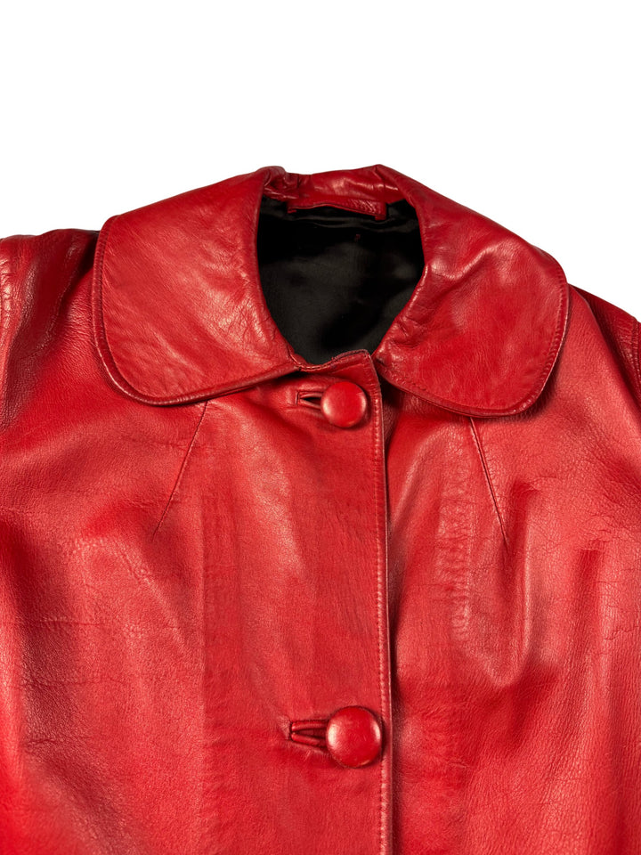 Red Leather Long Coat - Think Vintage