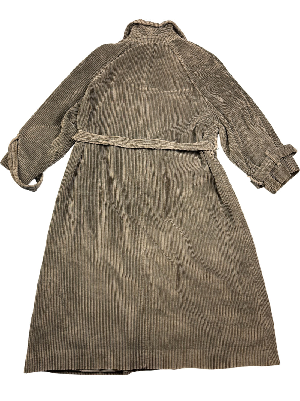 Grey Corduroy Trench Coat with Belt and matching hat - L - Think Vintage