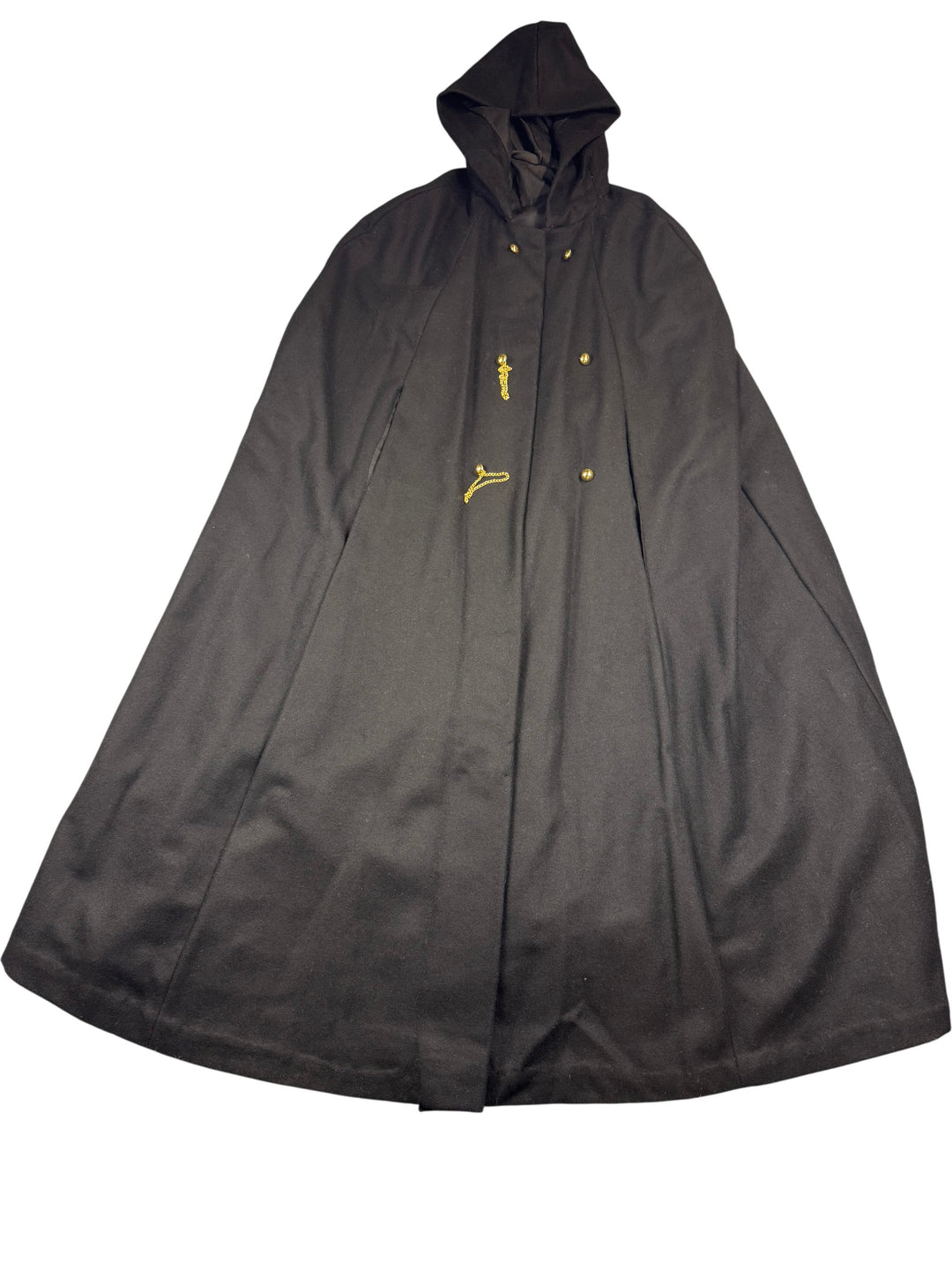 Black Hooded Cape With Gold Button Details - L - Think Vintage