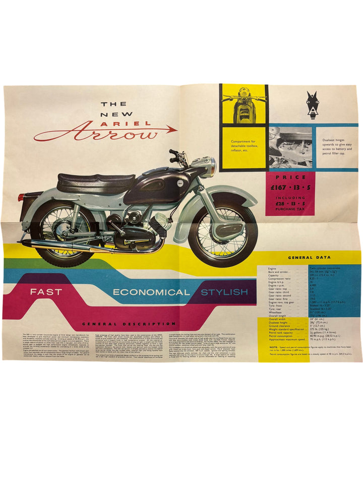 1960 Ariel Arrow Motorcycle Brochure 2 Stroke 249cc - Think Vintage