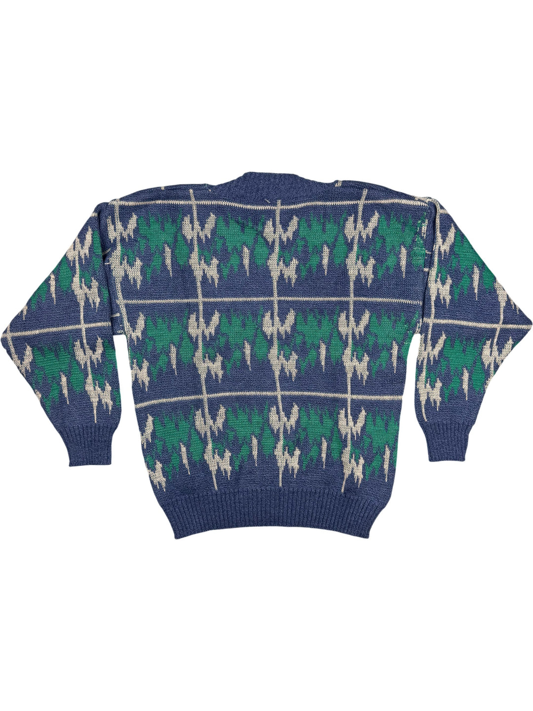 Vintage Blue and Green Patterned V-Neck Sweater - M