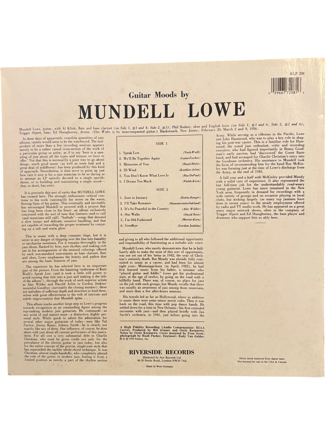 Mundell Lowe Guitar Moods Vinyl Record - Good