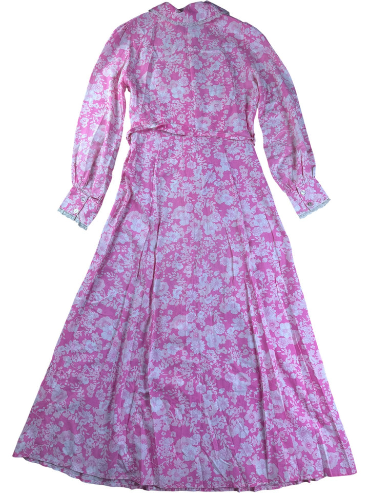 1970s Pink Floral Maxi Dress - M