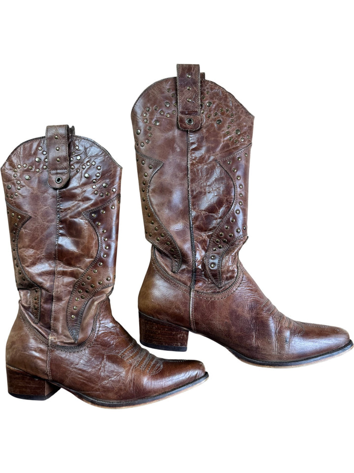 Brown Leather Cowboy Boots - 8
