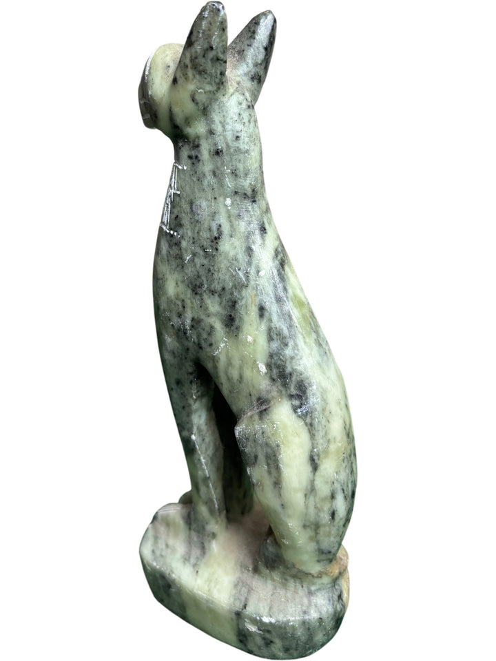 Inuit Cat Figurine Stone Carved Ornament Collectable Green Marble Effect - Think Vintage