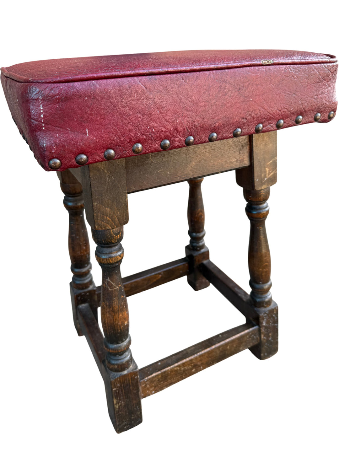 Vintage Wooden Stools with Red Leather - Think Vintage