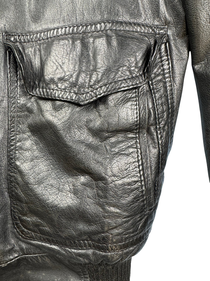 1970s Black Leather Bomber Jacket - S - Think Vintage