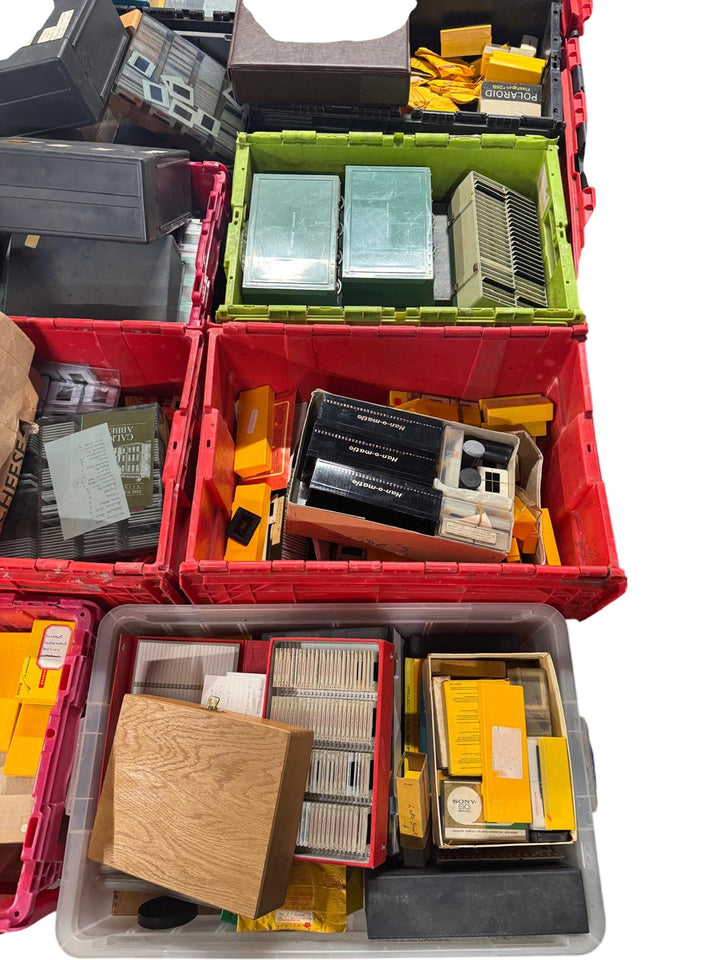 30+ Packing boxes of an unchecked collection of Photographic Slides & Cine Films - Think Vintage