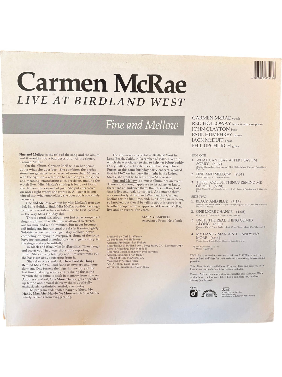 Carmen McRae Live At Birdland West Vinyl - Fair
