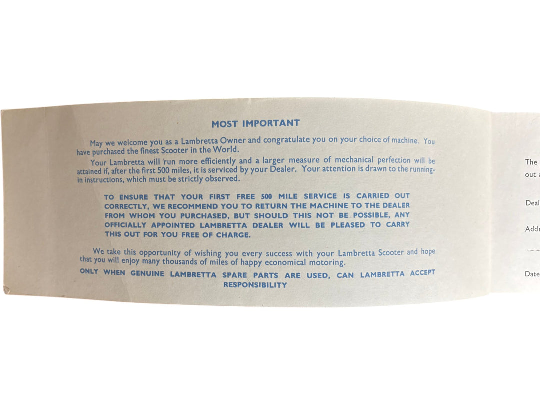 Lambretta Service Voucher Booklet Collectable Scooter Memorabilia - Think Vintage