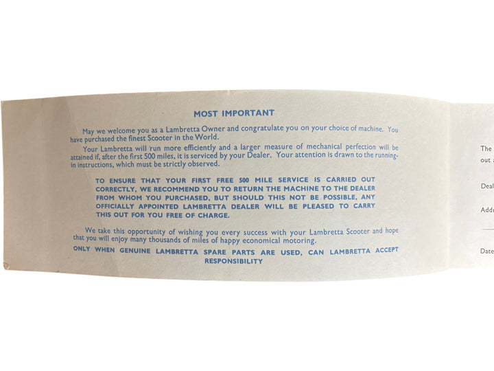 Lambretta Service Voucher Booklet Collectable Scooter Memorabilia - Think Vintage