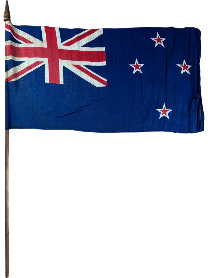 Vintage New Zealand Flag with Wooden Pole