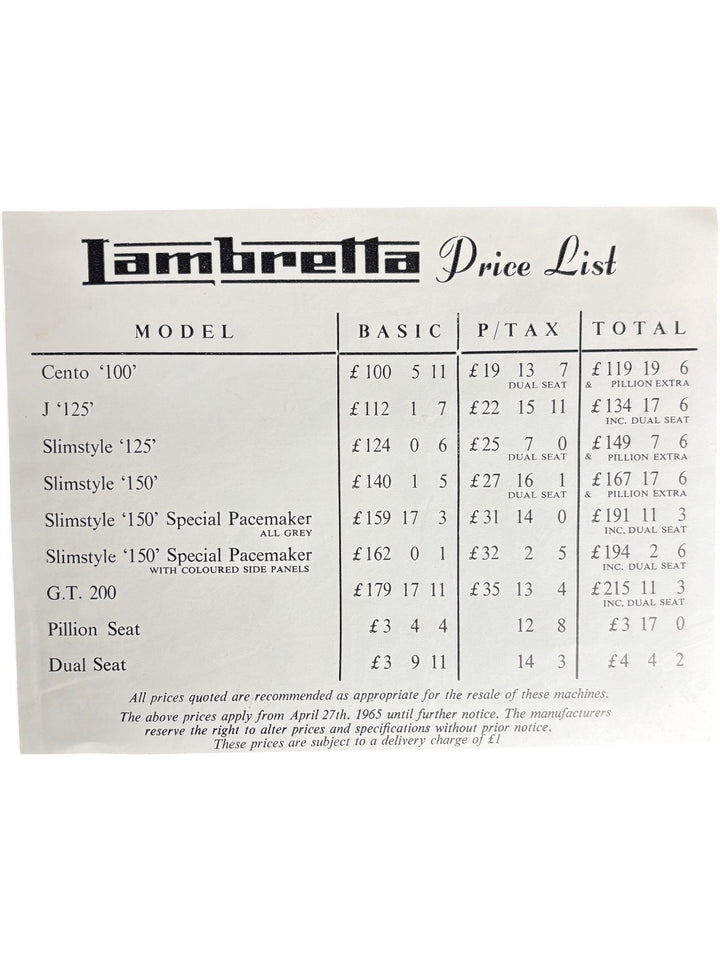 Lambretta Vintage Scooter Price List Collectable 1965 Advertising - Think Vintage