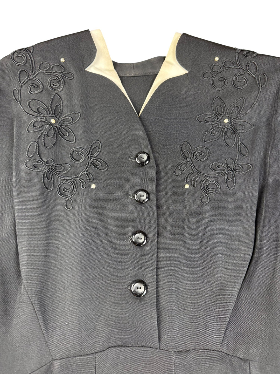 1950s Black Embroidered Midi Dress with Belt - L