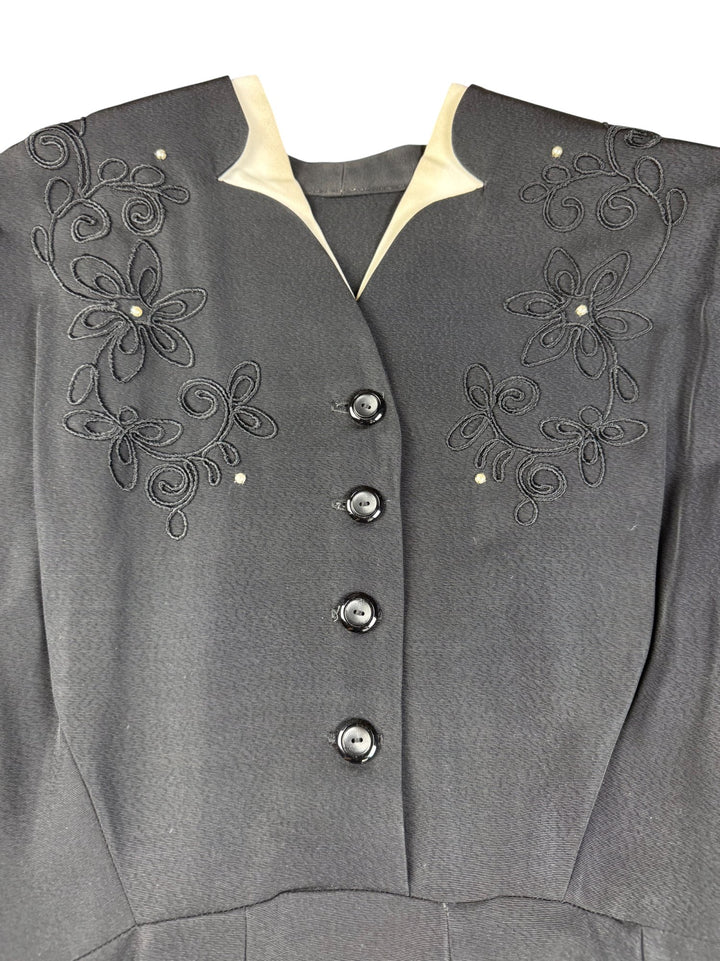 1950s Black Embroidered Midi Dress with Belt - L