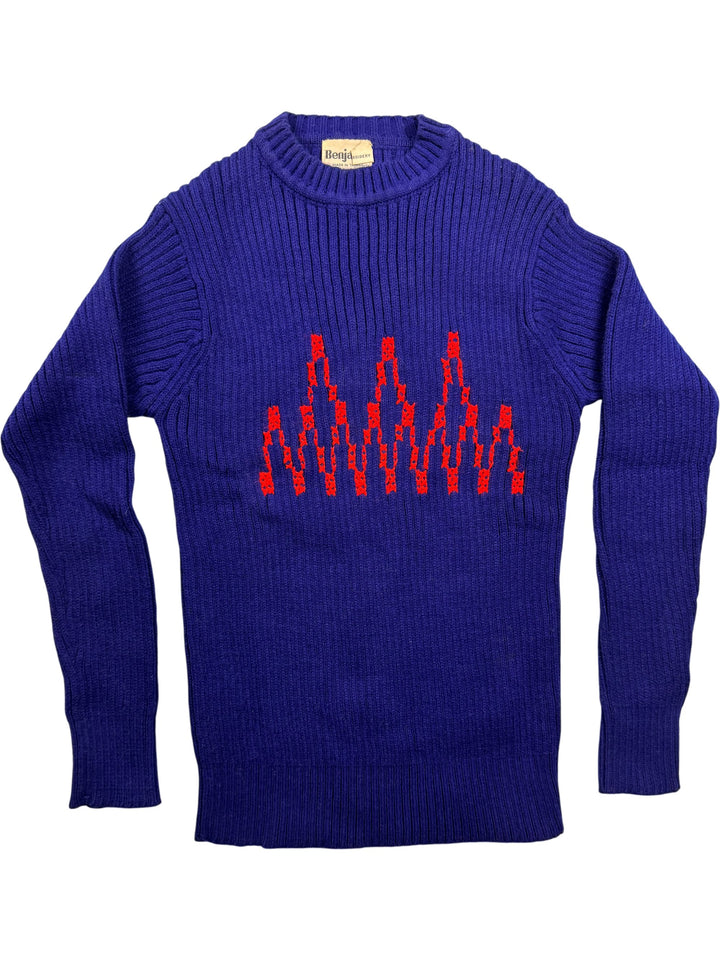 Blue Knitted Sweater with Red Pattern - XS