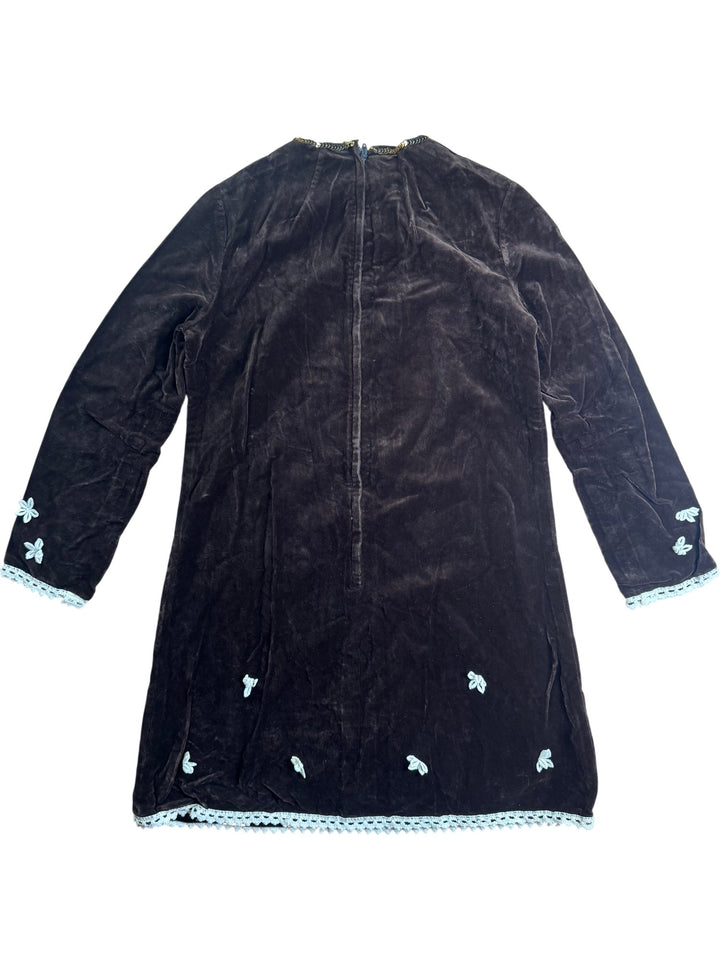 Brown Embroidered Long Sleeve Dress - S