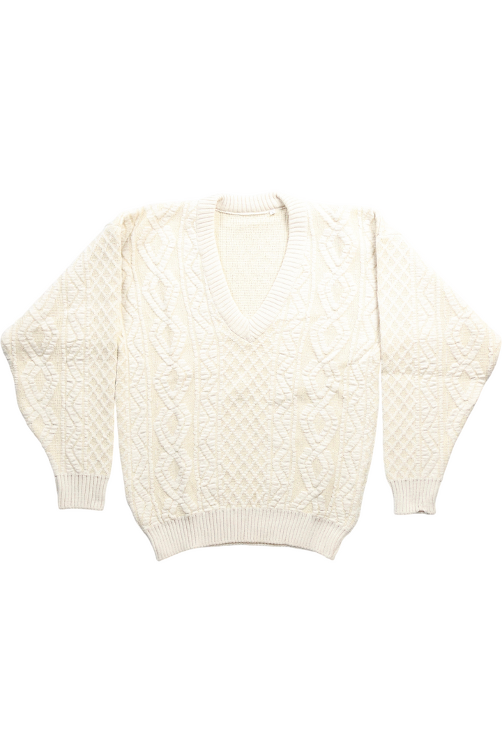 80s Cream Cable Knit V-Neck Jumper -L - Think Vintage