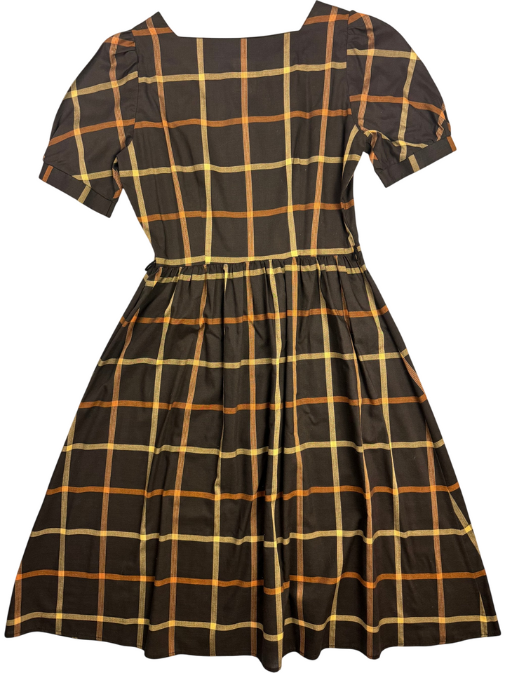 1980s Brown Checkered Short Sleeve Dress - M - Think Vintage